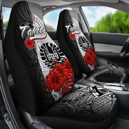 Tahiti Polynesian Car Seat Covers - Coat Of Arm With Hibiscus White - 232125 - YourCarButBetter