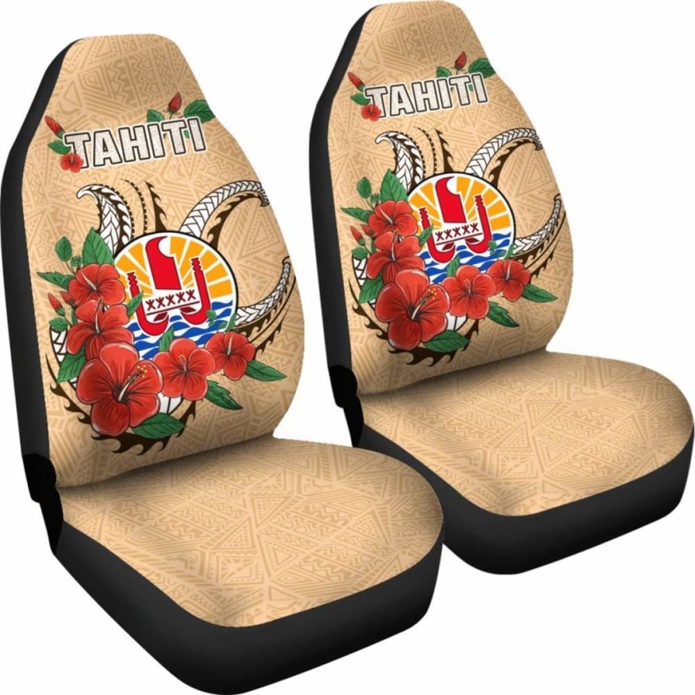 Tahiti Polynesian Car Seat Covers - Hibiscus Coat Of Arm Beige - Bn11 232125 - YourCarButBetter