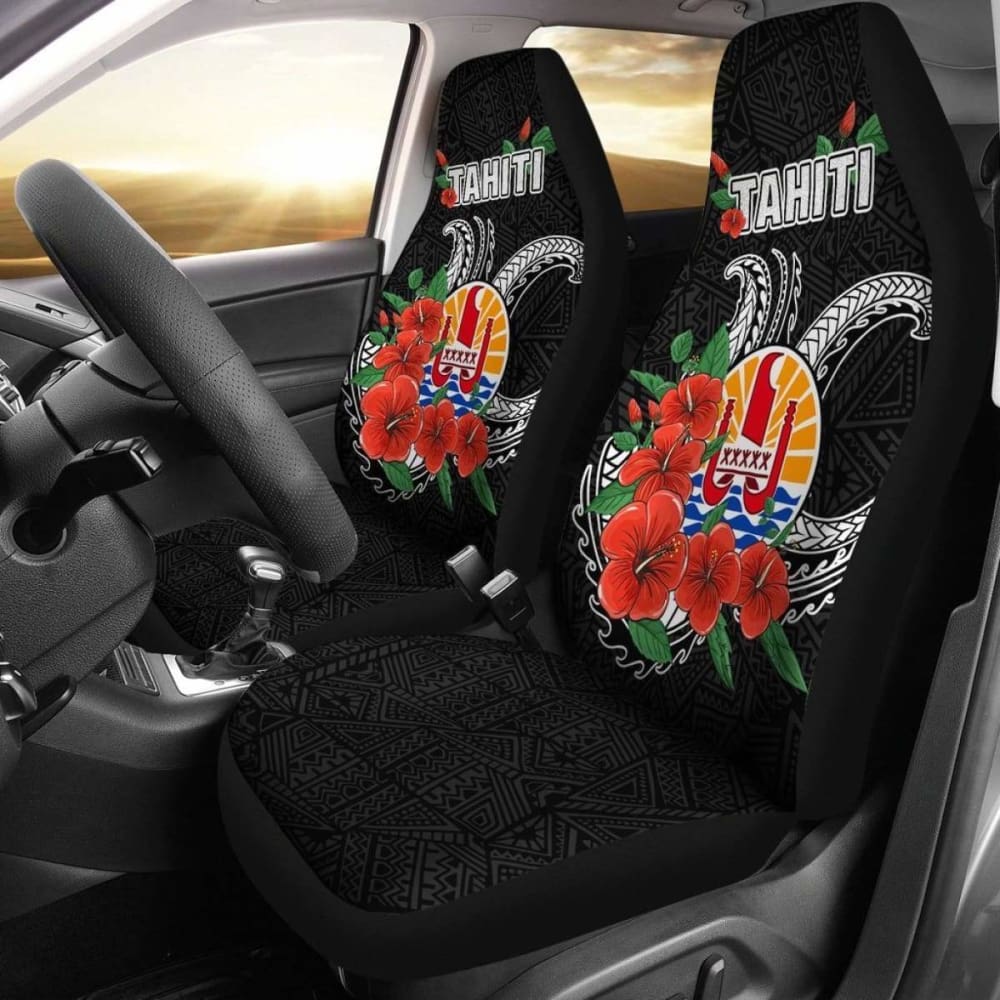 Tahiti Polynesian Car Seat Covers - Hibiscus Coat Of Arm Black - Bn11 232125 - YourCarButBetter