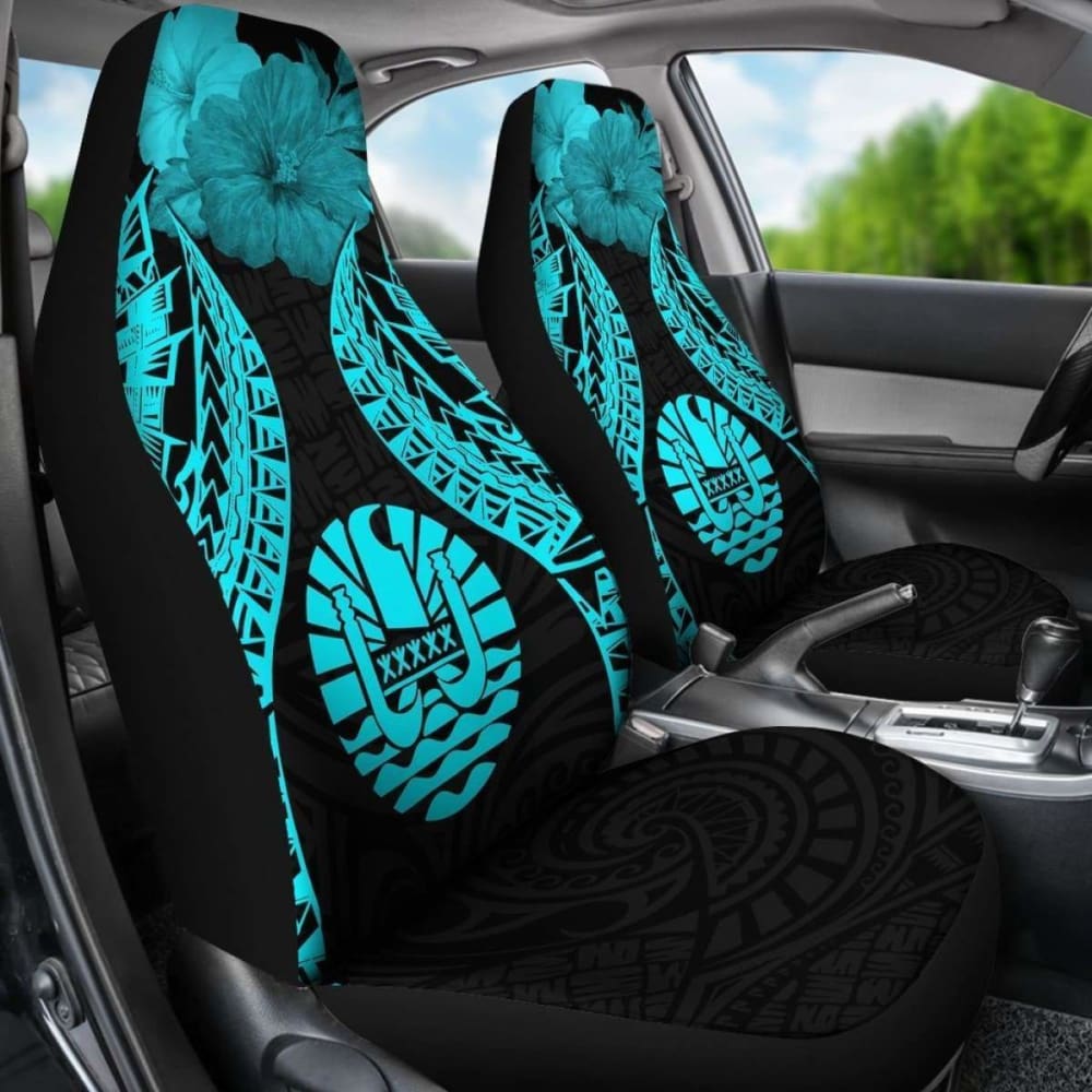 Tahiti Polynesian Car Seat Covers Pride Seal And Hibiscus Neon Blue - 232125 - YourCarButBetter