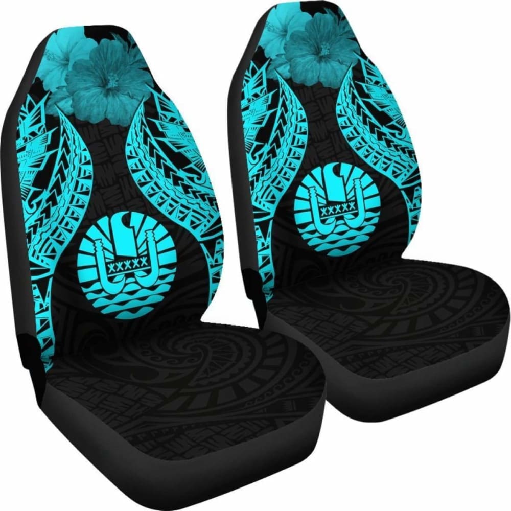 Tahiti Polynesian Car Seat Covers Pride Seal And Hibiscus Neon Blue - 232125 - YourCarButBetter