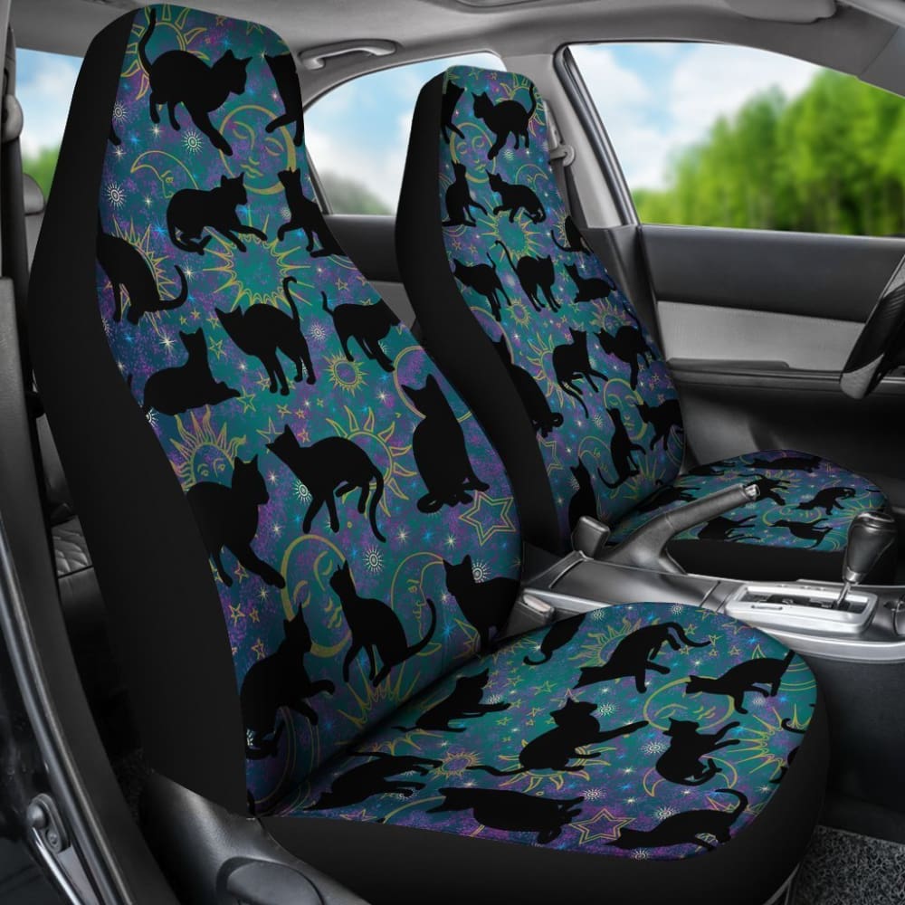 Teal Celestial Stars Moons Suns With Black Cats Silhouettes Car Seat Covers 101819 - YourCarButBetter