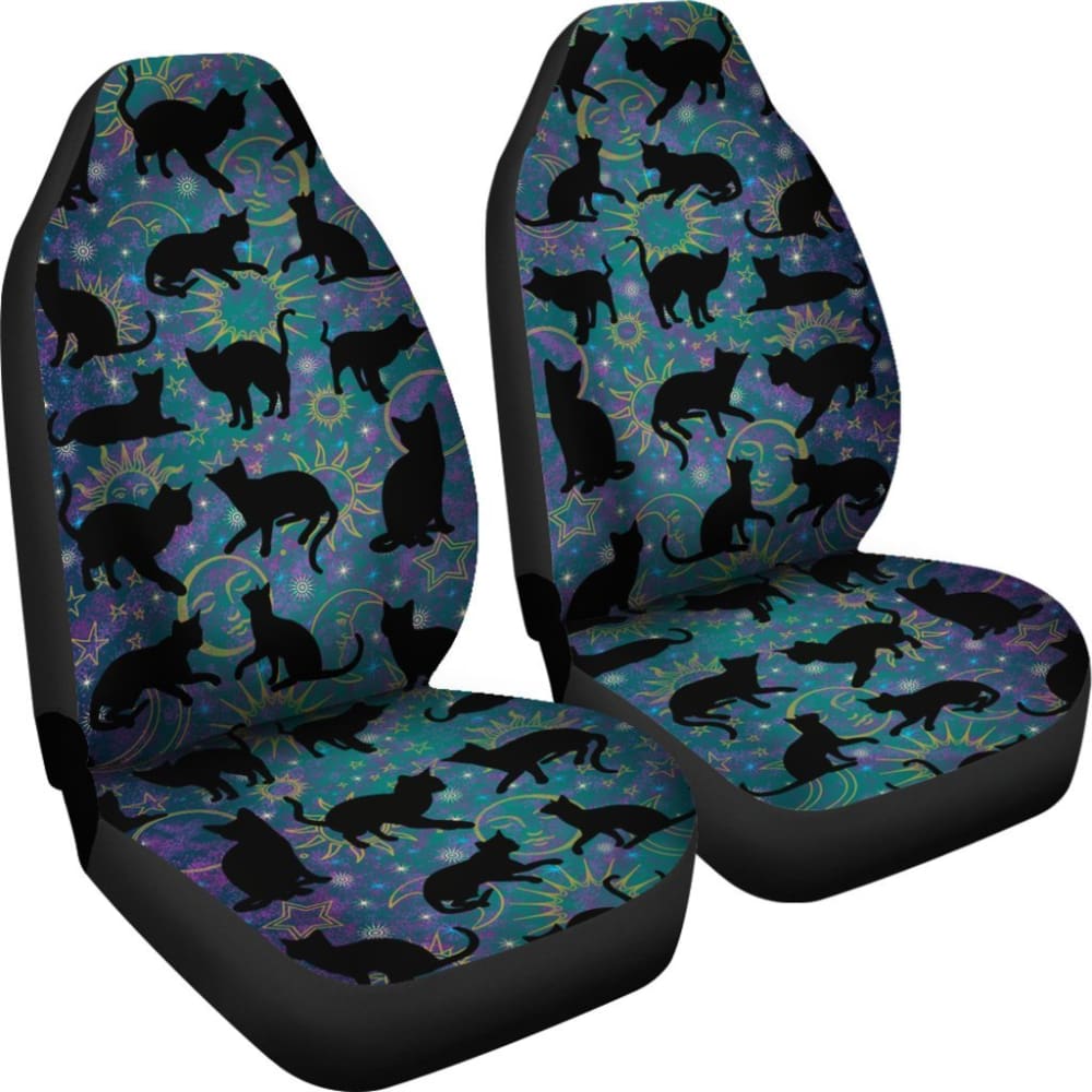 Teal Celestial Stars Moons Suns With Black Cats Silhouettes Car Seat Covers 101819 - YourCarButBetter
