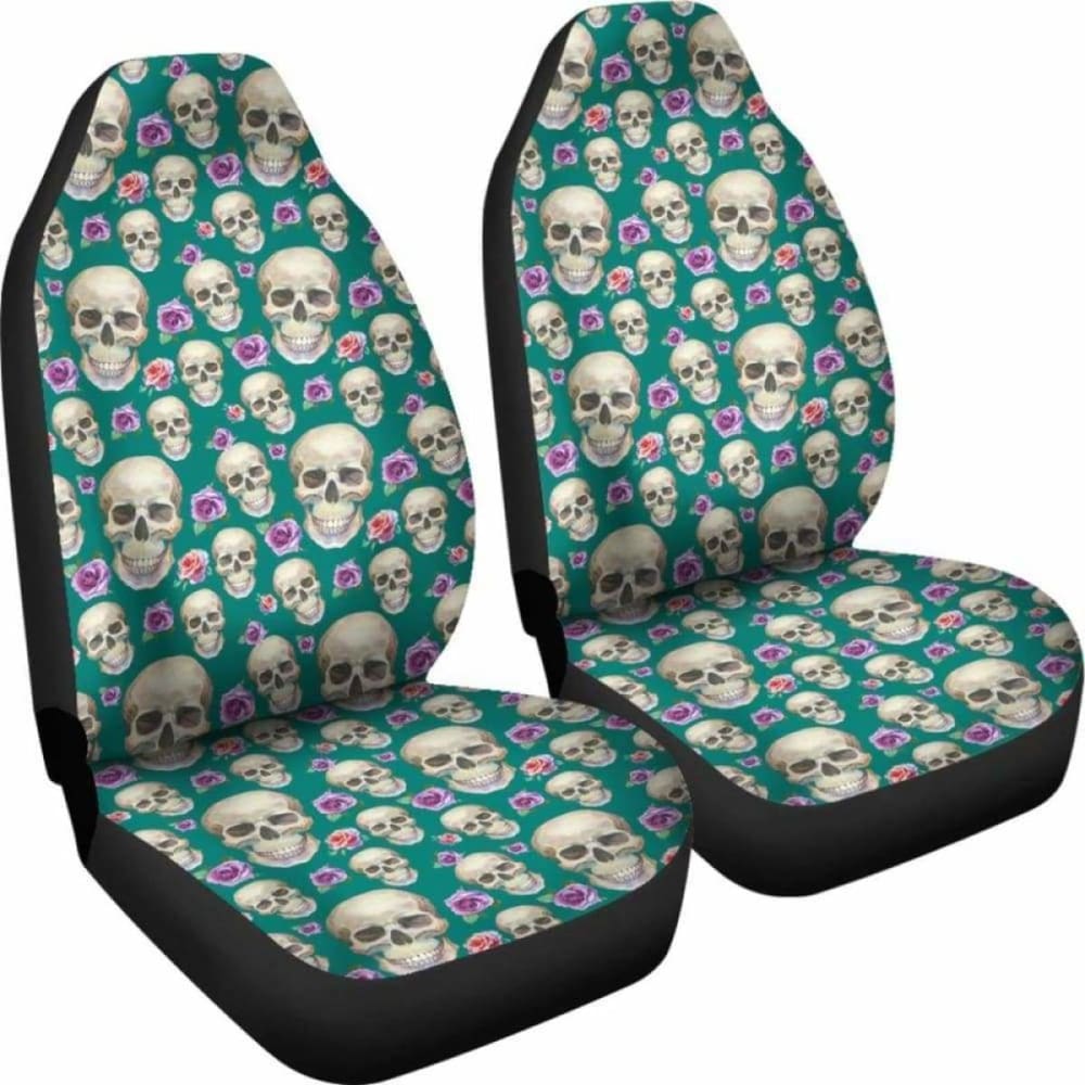 Teal With Skulls And Roses Car Seat Covers 105905 - YourCarButBetter