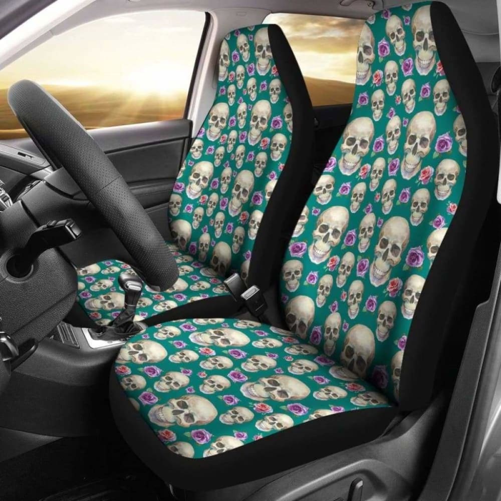 Teal With Skulls And Roses Car Seat Covers 105905 - YourCarButBetter