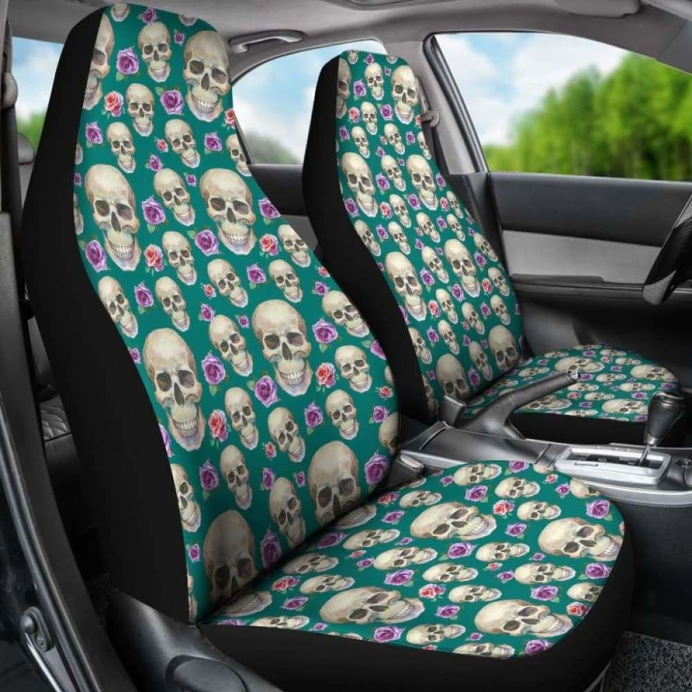 Teal With Skulls And Roses Car Seat Covers 105905 - YourCarButBetter