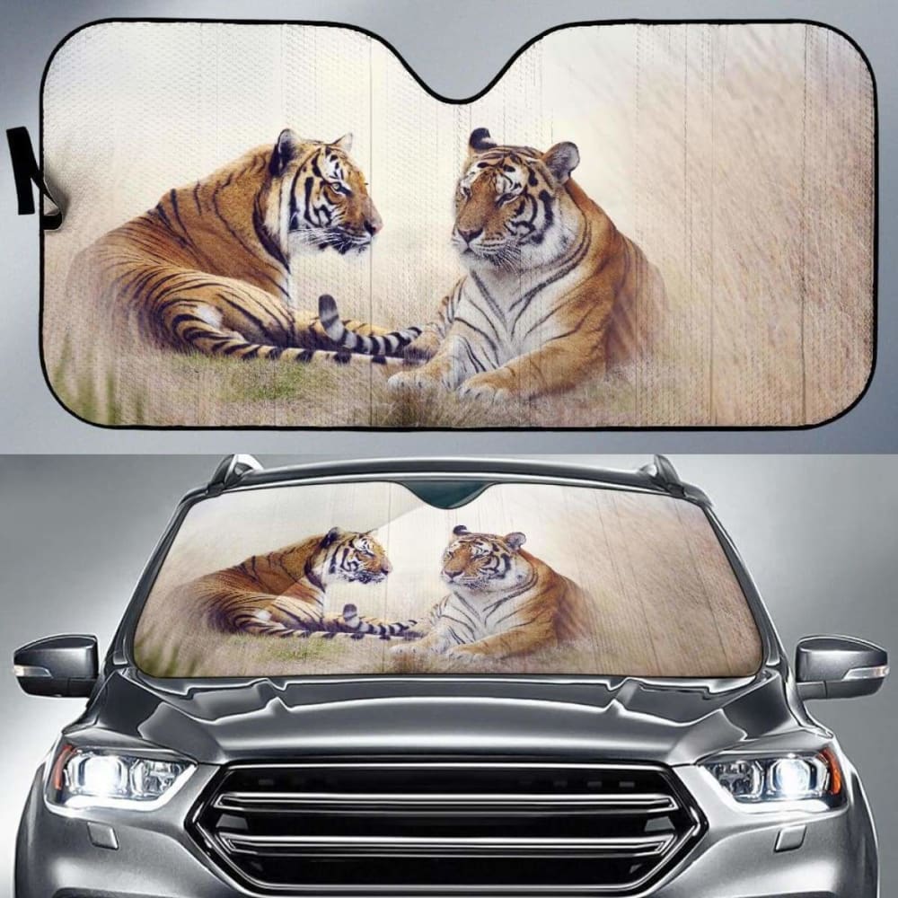 Tigers Big Cats Pair Grass 4K Car Sun Shade 172609 - YourCarButBetter