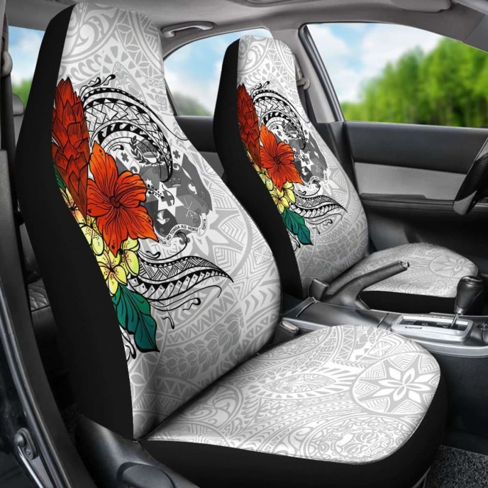 Tonga Car Seat Covers - Tropical Flowers White Patterns Style - 181703 - YourCarButBetter