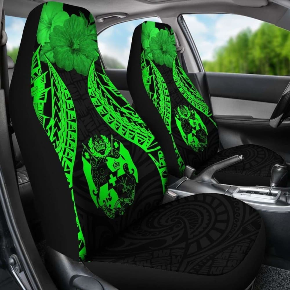 Tonga Polynesian Car Seat Covers Pride Seal And Hibiscus Green - 232125 - YourCarButBetter