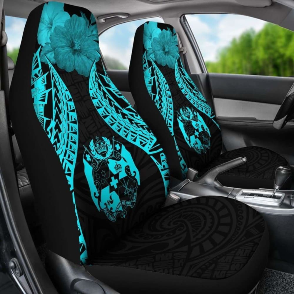 Tonga Polynesian Car Seat Covers Pride Seal And Hibiscus Neon Blue - 232125 - YourCarButBetter