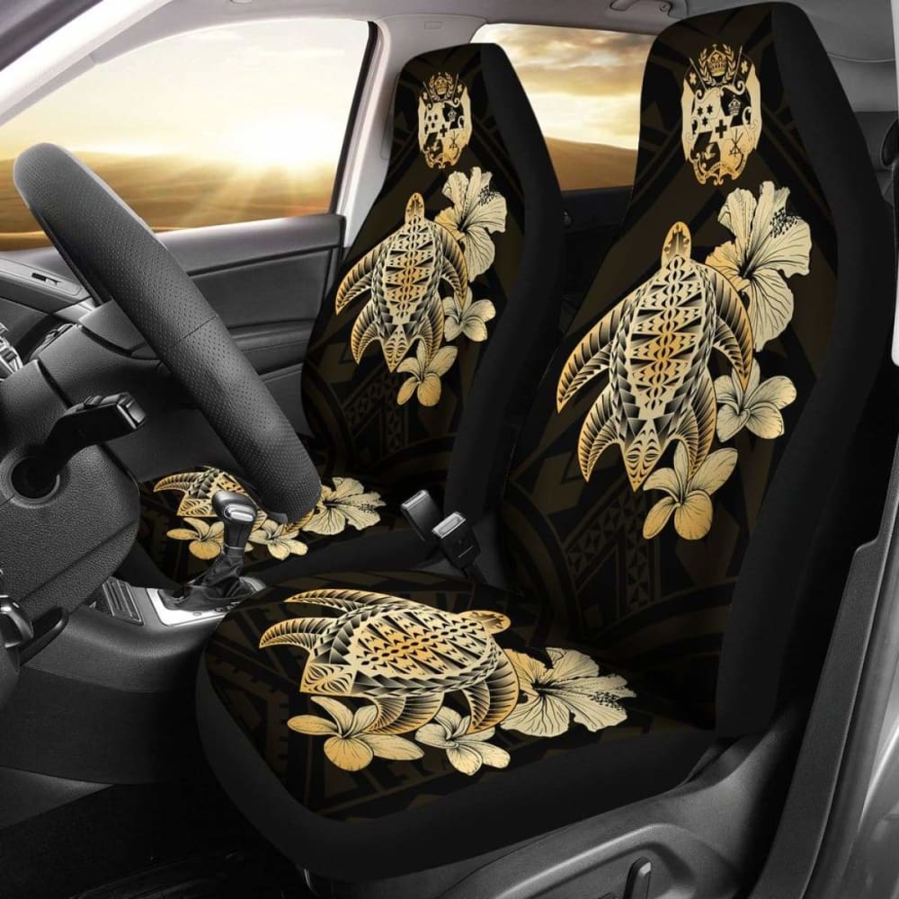 Tongan Car Seat Covers Hibiscus Plumeria Mix Polynesian Turtle Gold Awesome 091114 - YourCarButBetter