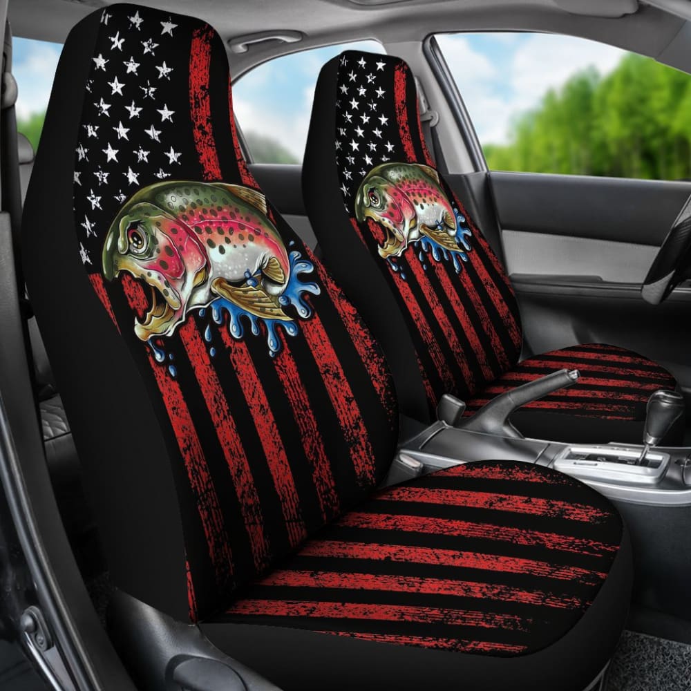 Trout Steelhead Fishing American Flag Printed Car Seat Covers 211804 - YourCarButBetter