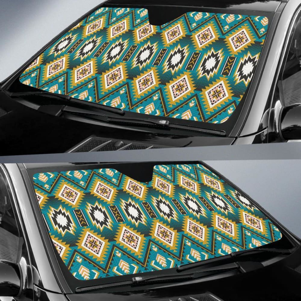 Turquoise Blue Color Native Ameican Design Auto Sun Shades 093223 - YourCarButBetter