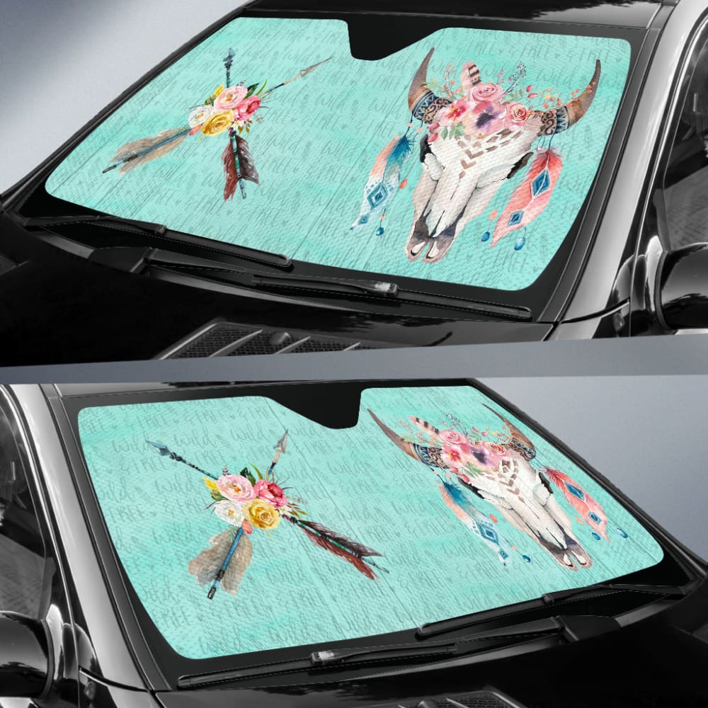 Turquoise Cow Skull Boho Wild And Free Car Auto Sun Shades 211901 - YourCarButBetter