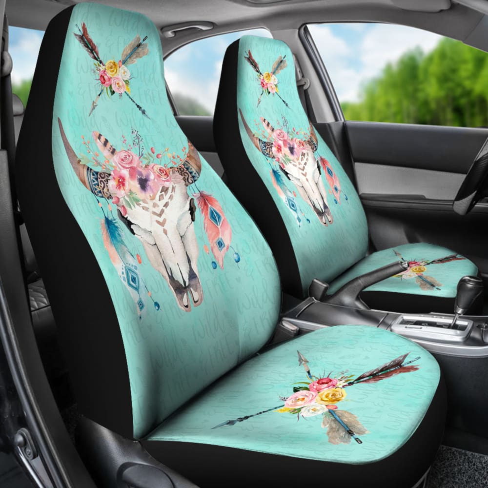 Turquoise Cow Skull Boho Wild And Free Car Seat Covers 211901 - YourCarButBetter