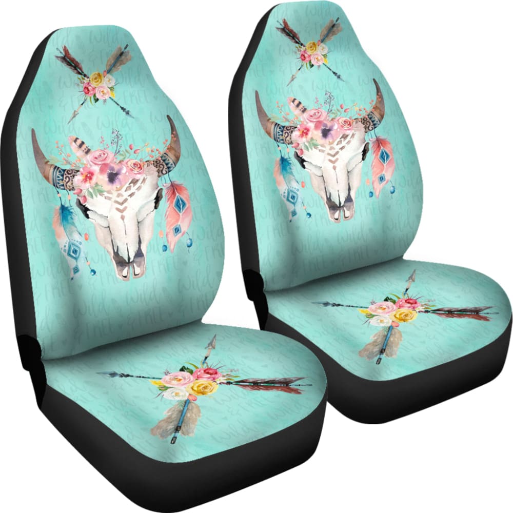 Turquoise Cow Skull Boho Wild And Free Car Seat Covers 211901 - YourCarButBetter