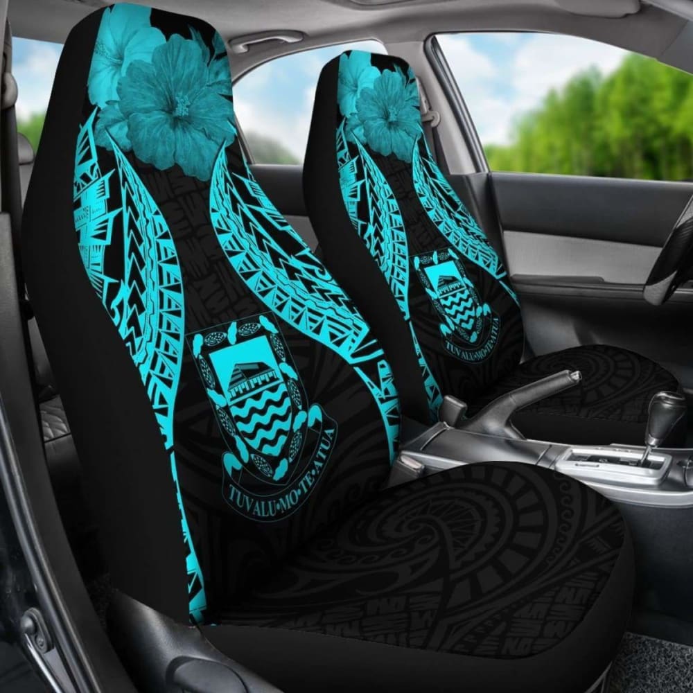 Tuvalu Polynesian Car Seat Covers Pride Seal And Hibiscus Neon Blue - 232125 - YourCarButBetter