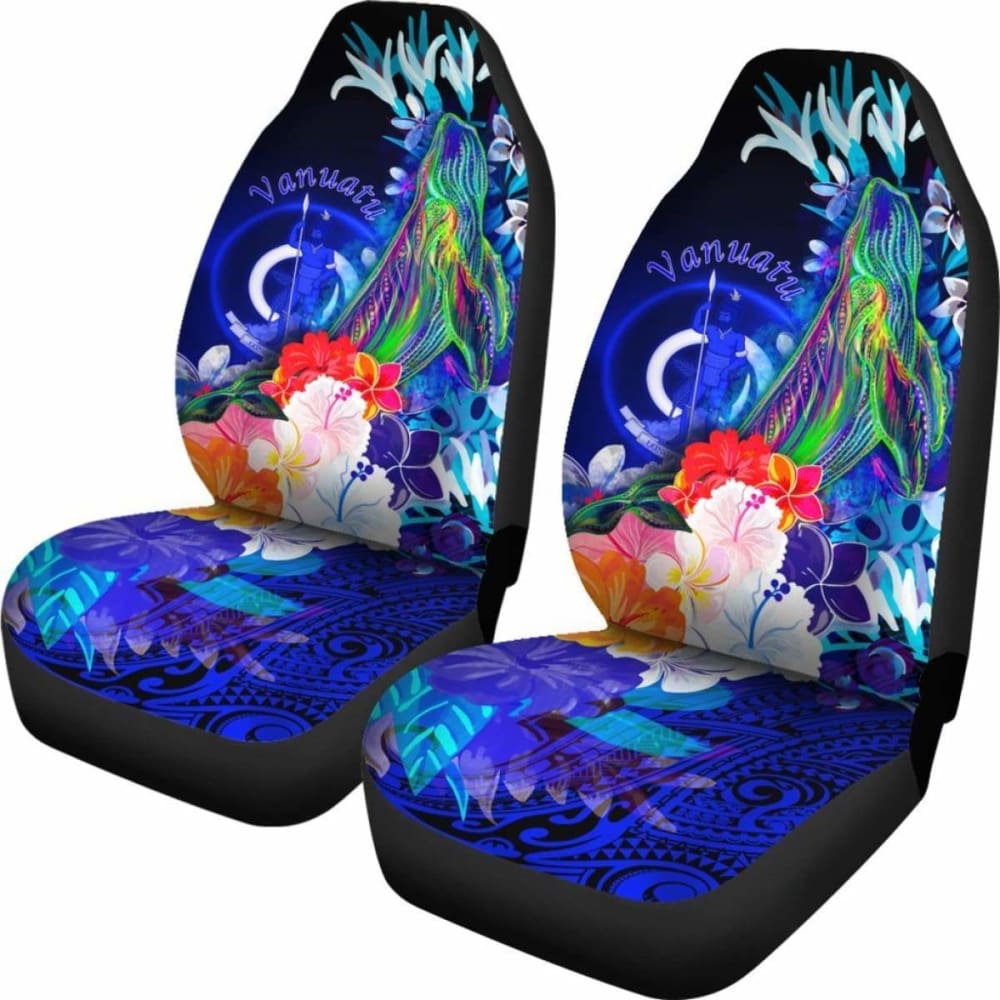 Vanuatu Car Seat Covers - Humpback Whale With Tropical Flowers (Blue)- 102802 - YourCarButBetter