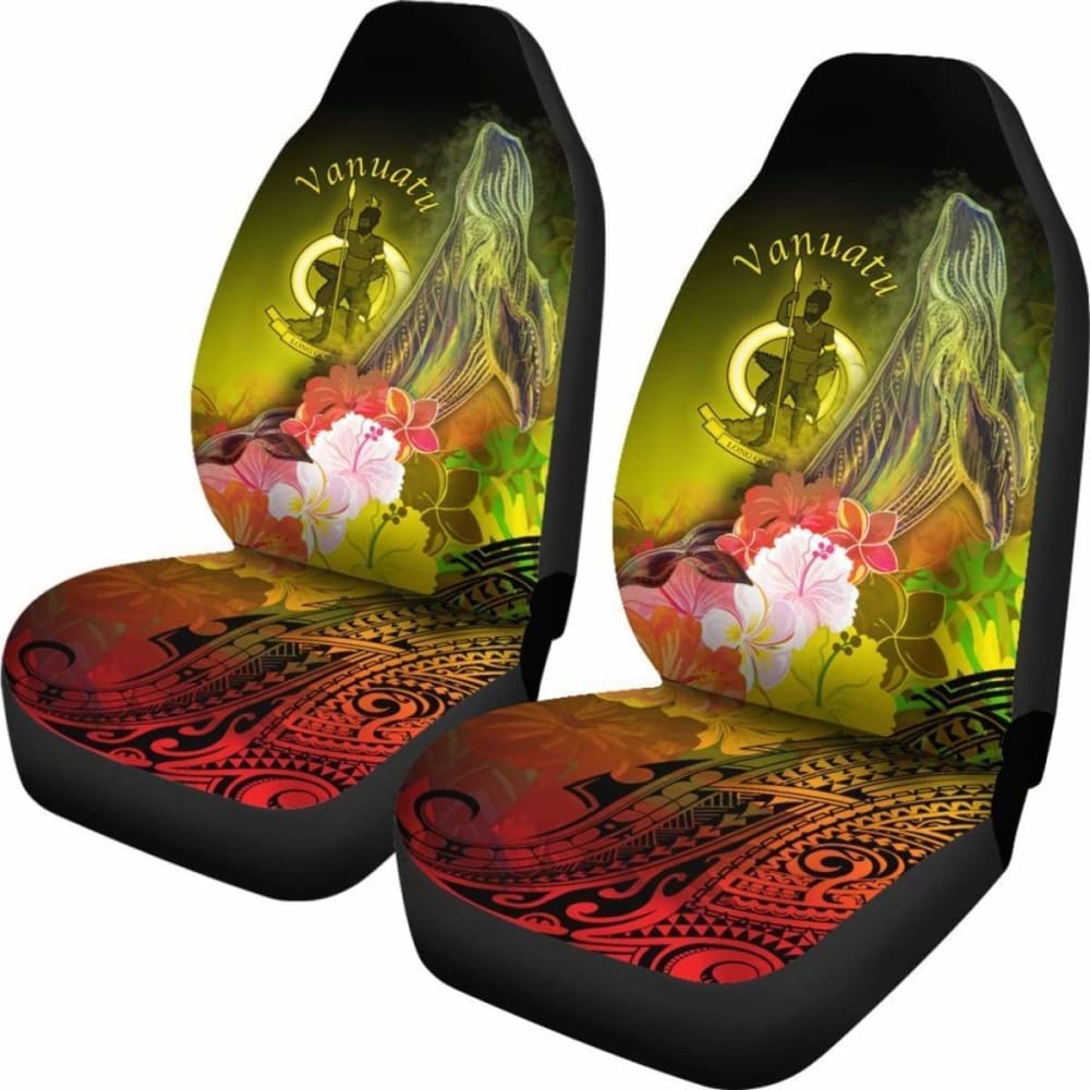 Vanuatu Car Seat Covers - Humpback Whale With Tropical Flowers (Yellow)- 105905 - YourCarButBetter