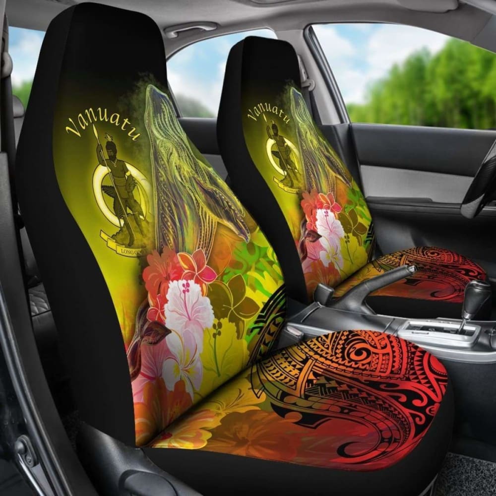 Vanuatu Car Seat Covers - Humpback Whale With Tropical Flowers (Yellow)- 105905 - YourCarButBetter