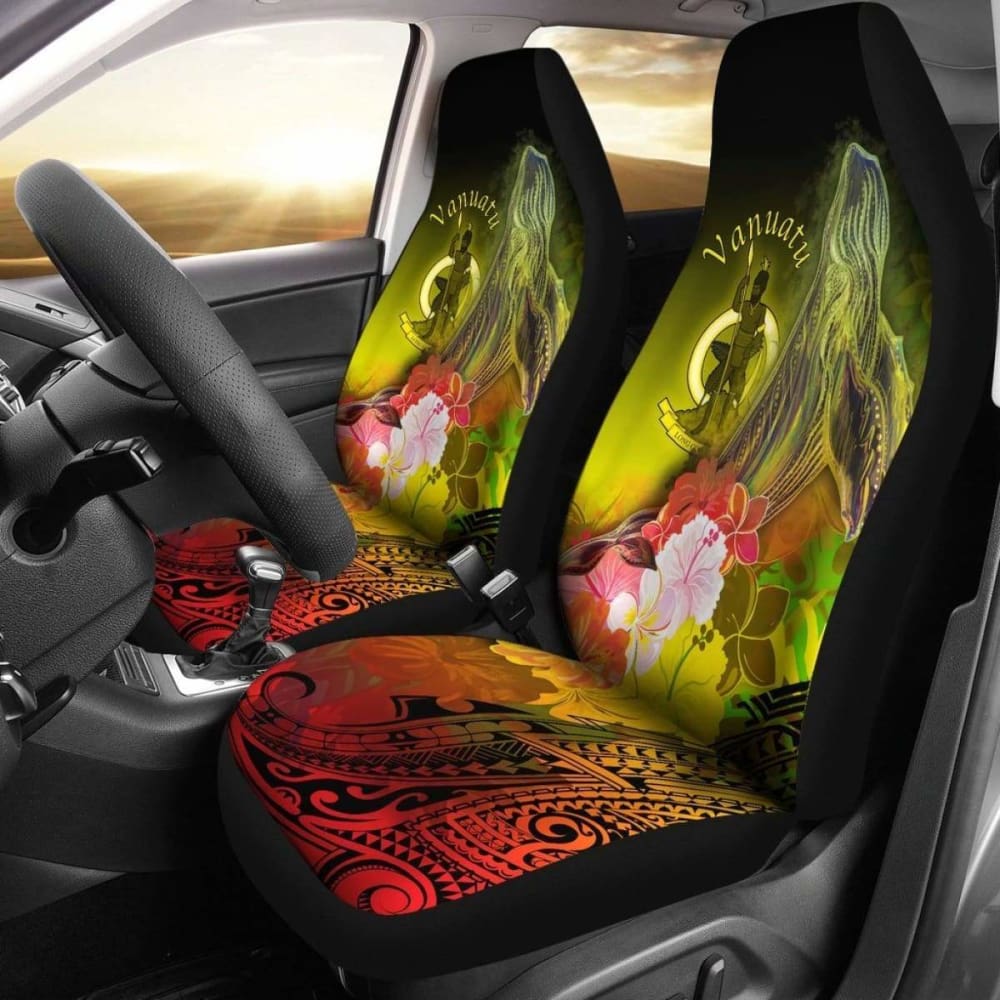 Vanuatu Car Seat Covers - Humpback Whale With Tropical Flowers (Yellow)- 105905 - YourCarButBetter