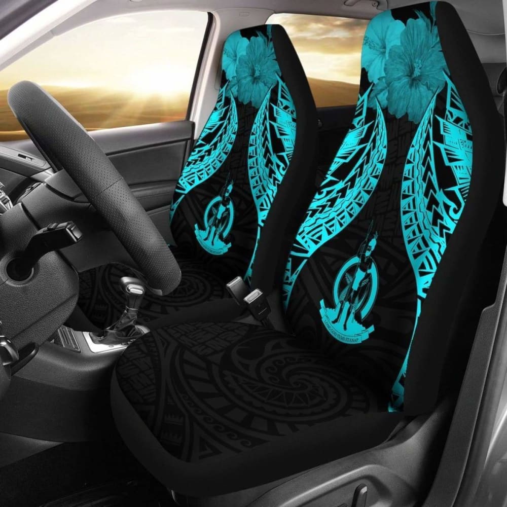 Vanuatu Polynesian Car Seat Covers Pride Seal And Hibiscus Neon Blue - 232125 - YourCarButBetter