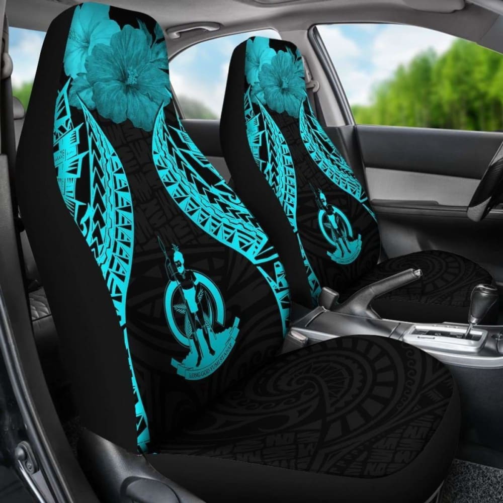 Vanuatu Polynesian Car Seat Covers Pride Seal And Hibiscus Neon Blue - 232125 - YourCarButBetter