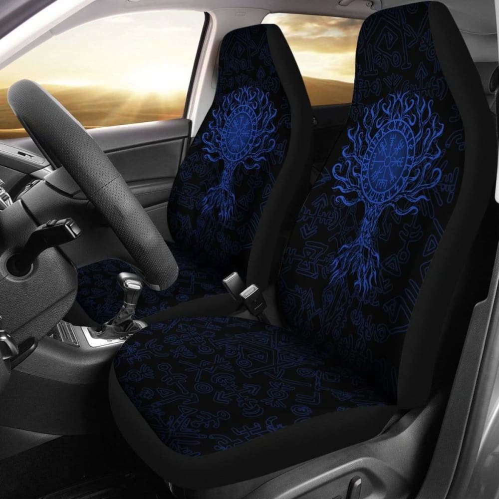 Viking Car Seat Cover - Vegvisir Tree Of Life - Blue - 110424 - YourCarButBetter