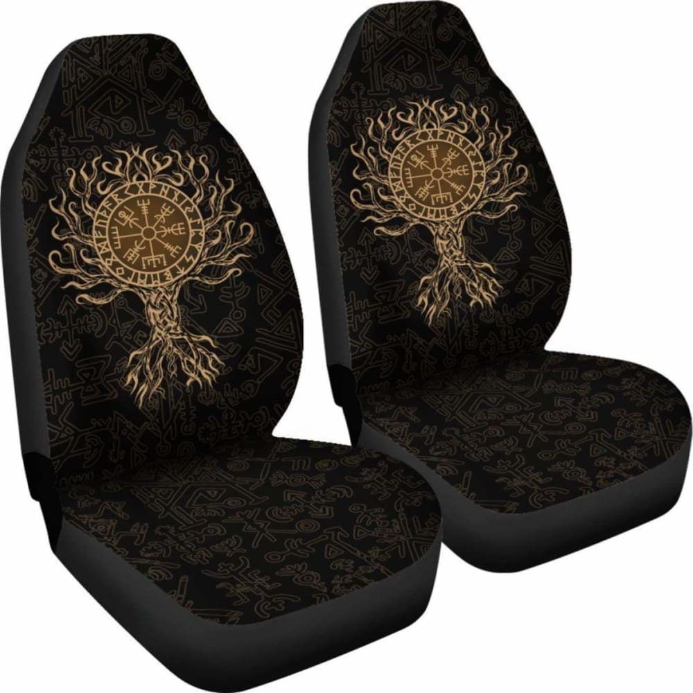Viking Car Seat Cover - Vegvisir Tree Of Life - Gold - 110424 - YourCarButBetter
