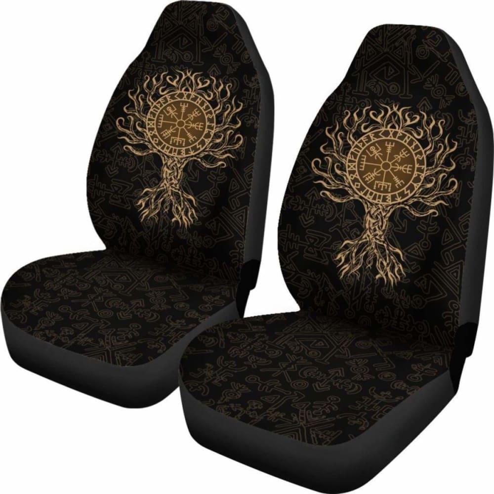 Viking Car Seat Cover - Vegvisir Tree Of Life - Gold - 110424 - YourCarButBetter