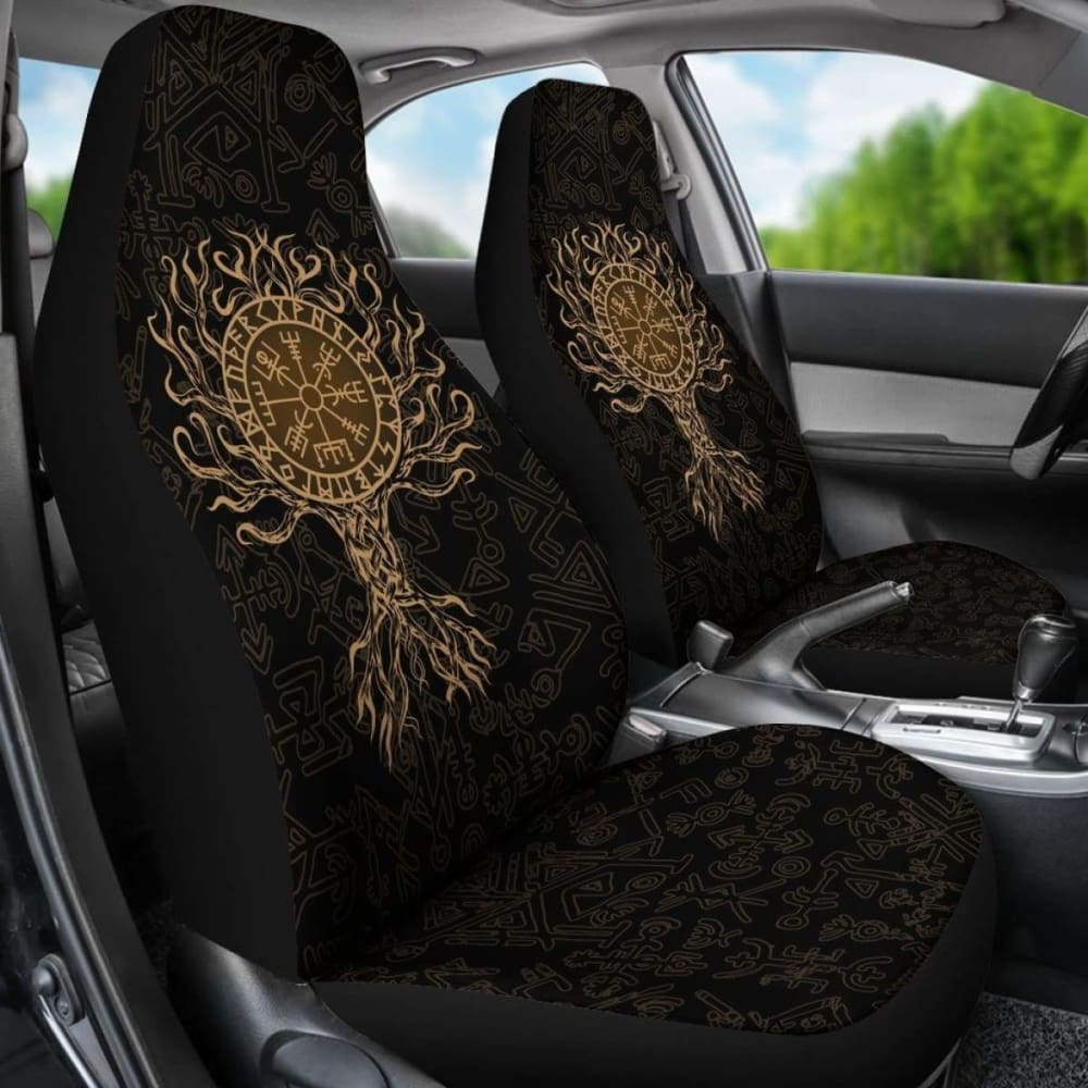 Viking Car Seat Cover - Vegvisir Tree Of Life - Gold - 110424 - YourCarButBetter