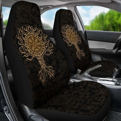 Viking Car Seat Cover - Vegvisir Tree Of Life - Gold - 110424 - YourCarButBetter