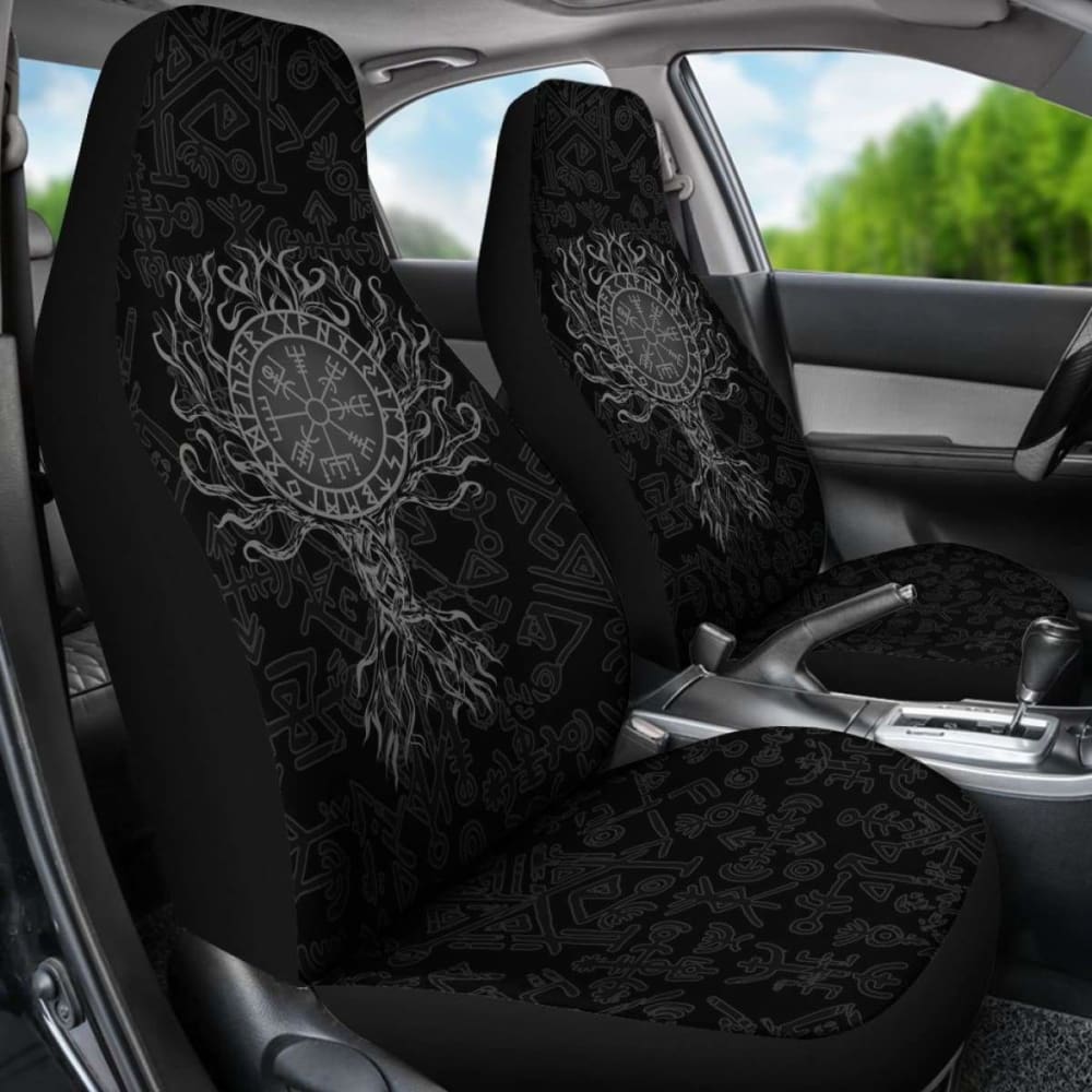 Viking Car Seat Cover - Vegvisir Tree Of Life - Gray - 110424 - YourCarButBetter