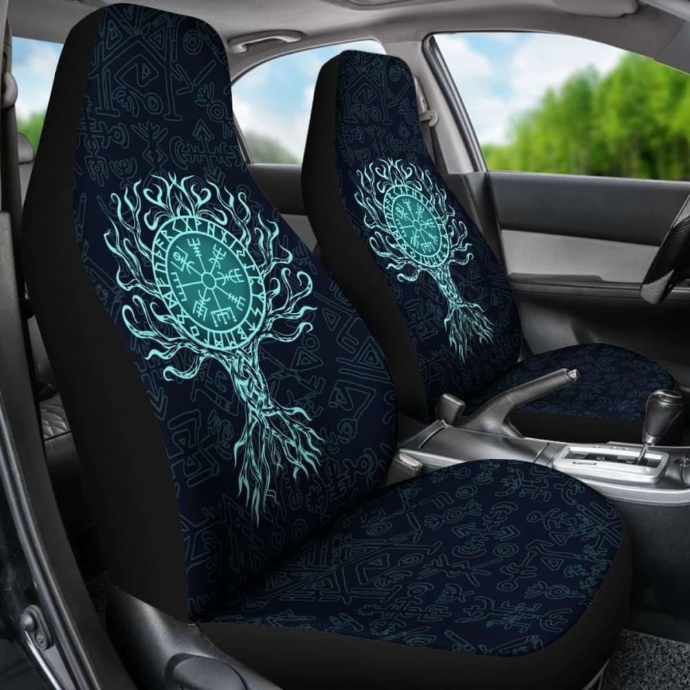 Viking Car Seat Cover - Vegvisir Tree Of Life - Turquoise - 110424 - YourCarButBetter