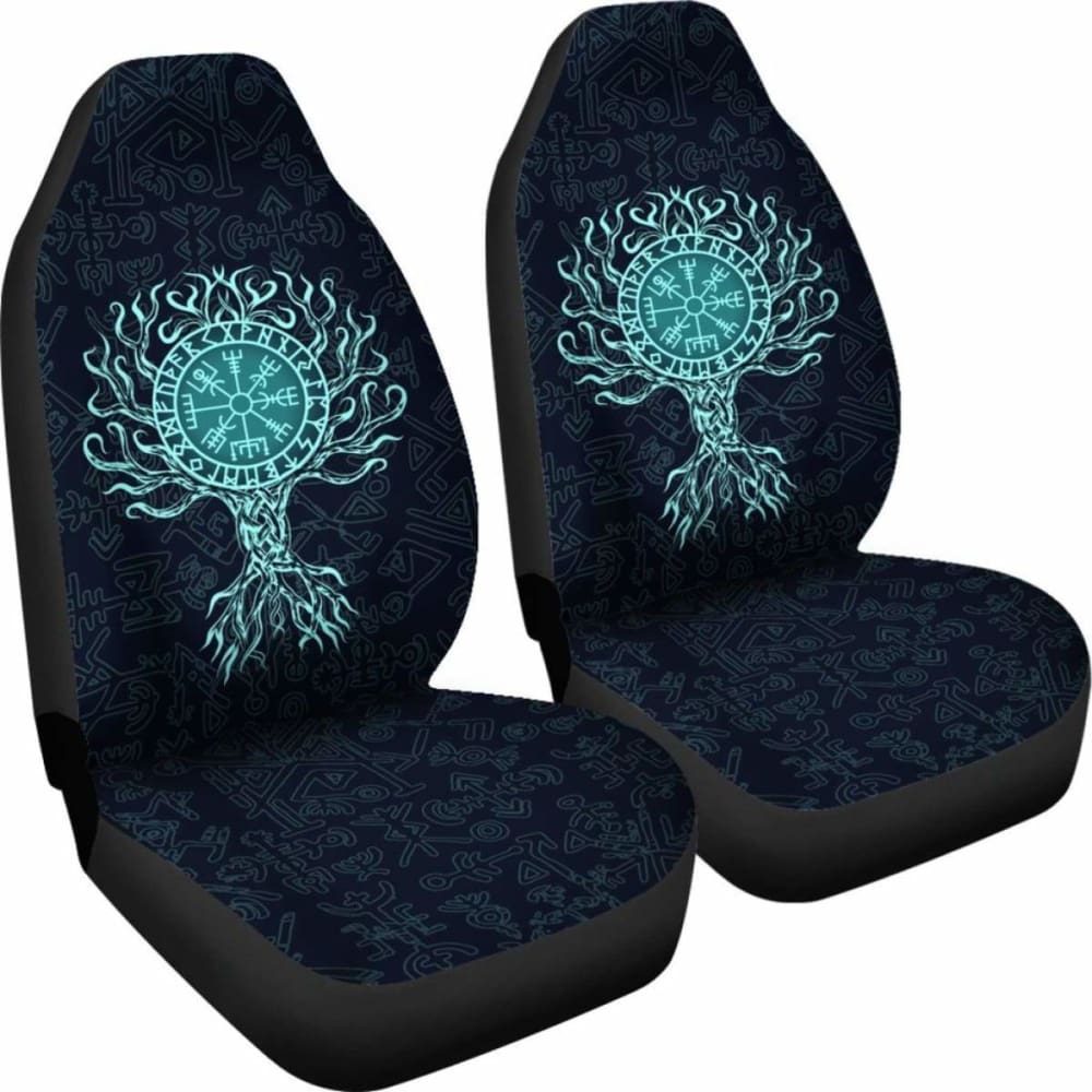 Viking Car Seat Cover - Vegvisir Tree Of Life - Turquoise - 110424 - YourCarButBetter