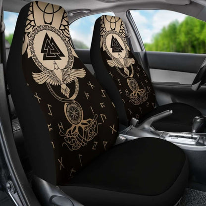 Viking Car Seat Covers Flying Raven Tattoo And Valknut Gold 105905 - YourCarButBetter