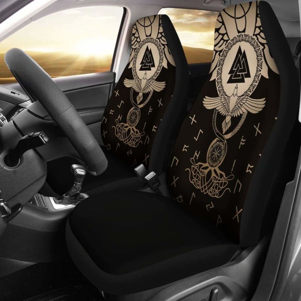 Viking Car Seat Covers Flying Raven Tattoo And Valknut Gold 105905 - YourCarButBetter