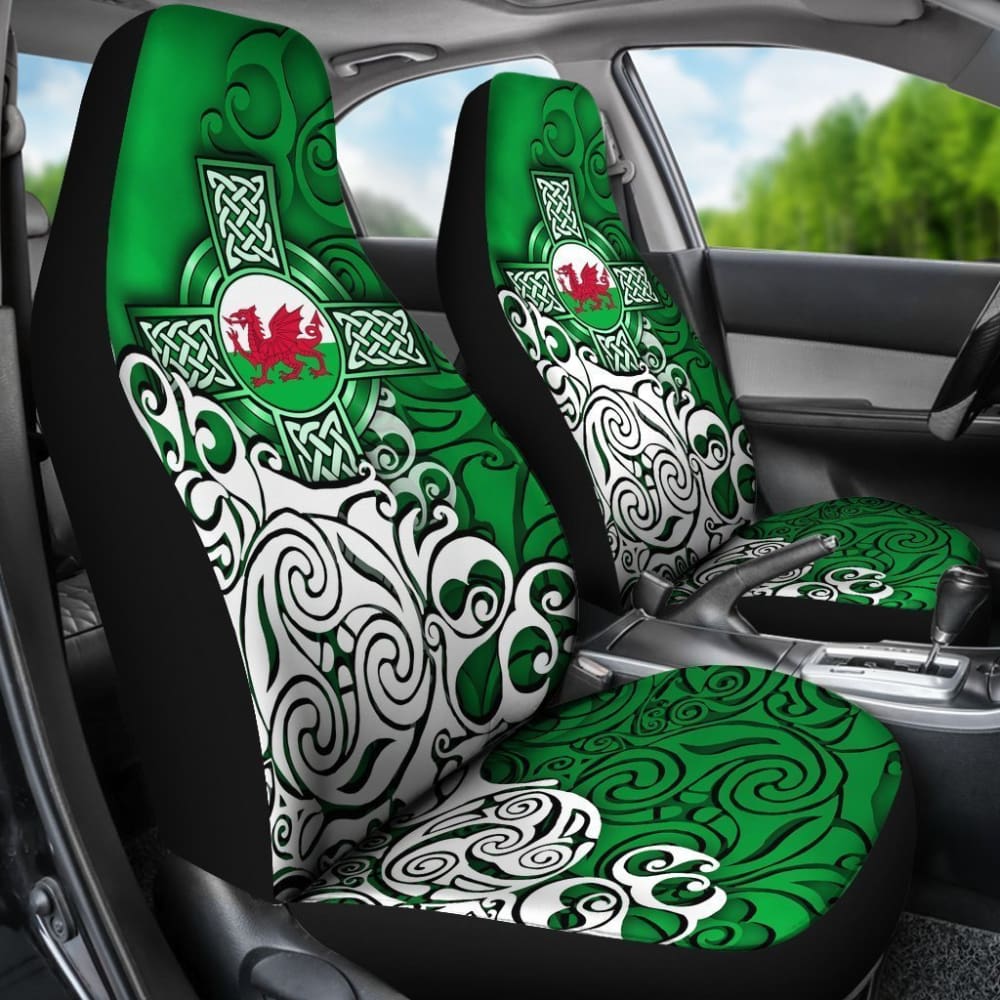 Wales Celtic Car Seat Covers - Welsh Dragon Flag With Celtic Cross (Green) 184610 - YourCarButBetter