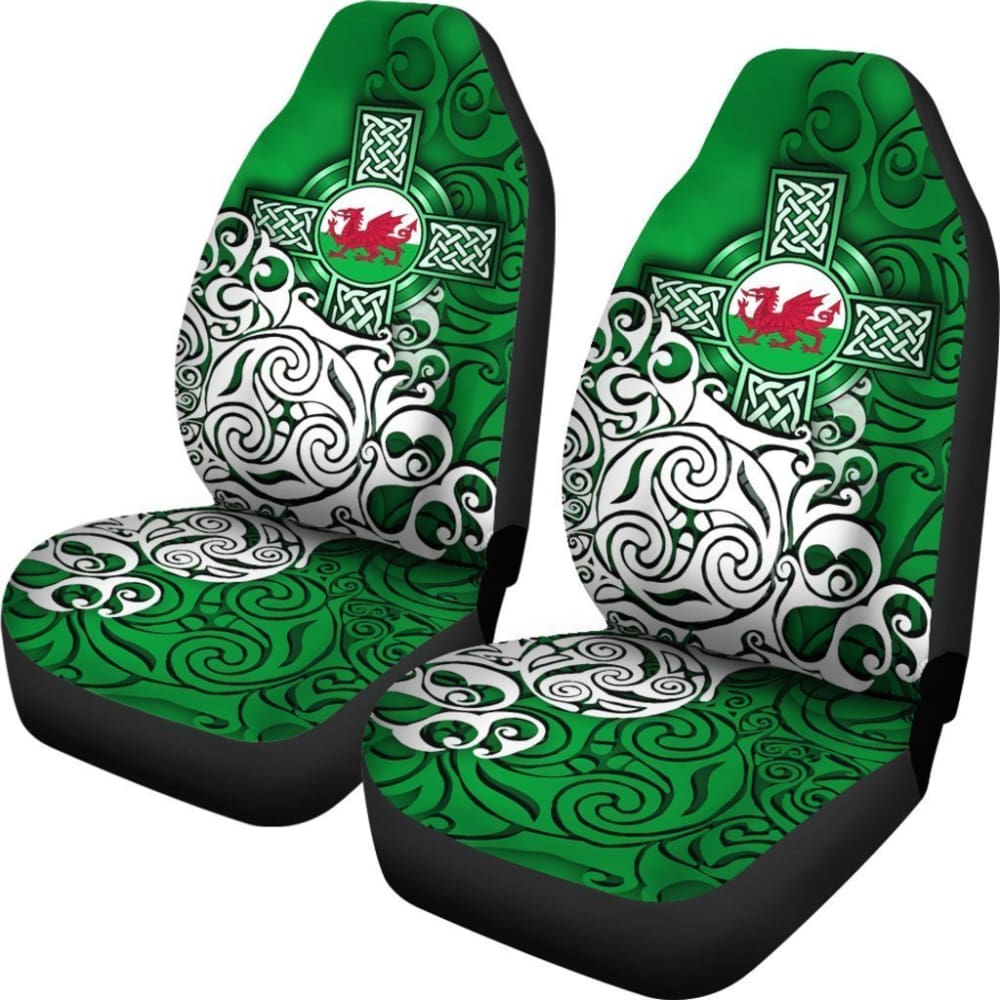 Wales Celtic Car Seat Covers - Welsh Dragon Flag With Celtic Cross (Green) 184610 - YourCarButBetter