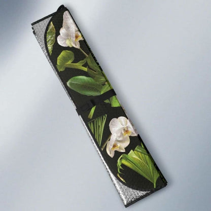 White Orchid Flower Tropical Leaves Pattern Blackground Car Auto Sun Shades 182102 - YourCarButBetter