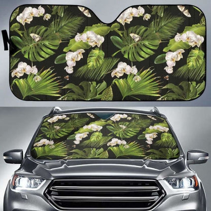 White Orchid Flower Tropical Leaves Pattern Blackground Car Auto Sun Shades 182102 - YourCarButBetter