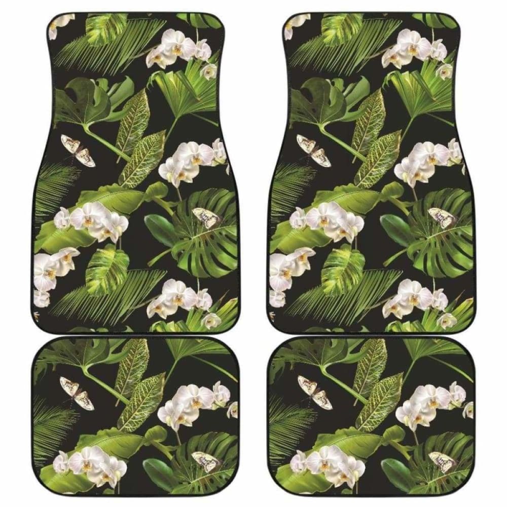 White Orchid Flower Tropical Leaves Pattern Blackground Front And Back Car Mats 174914 - YourCarButBetter
