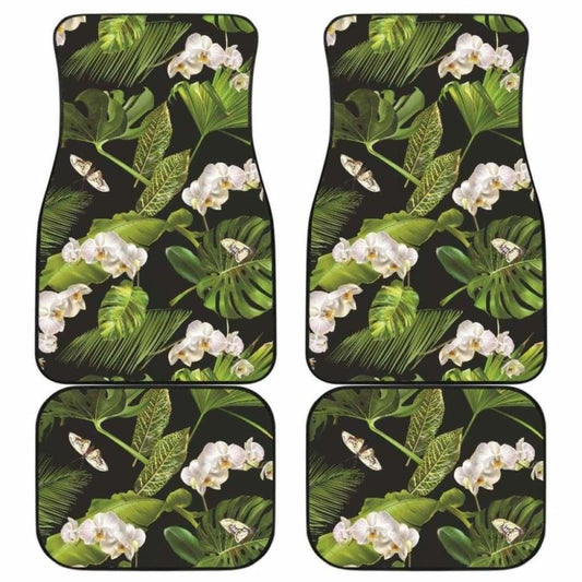 White Orchid Flower Tropical Leaves Pattern Blackground Front And Back Car Mats 174914 - YourCarButBetter