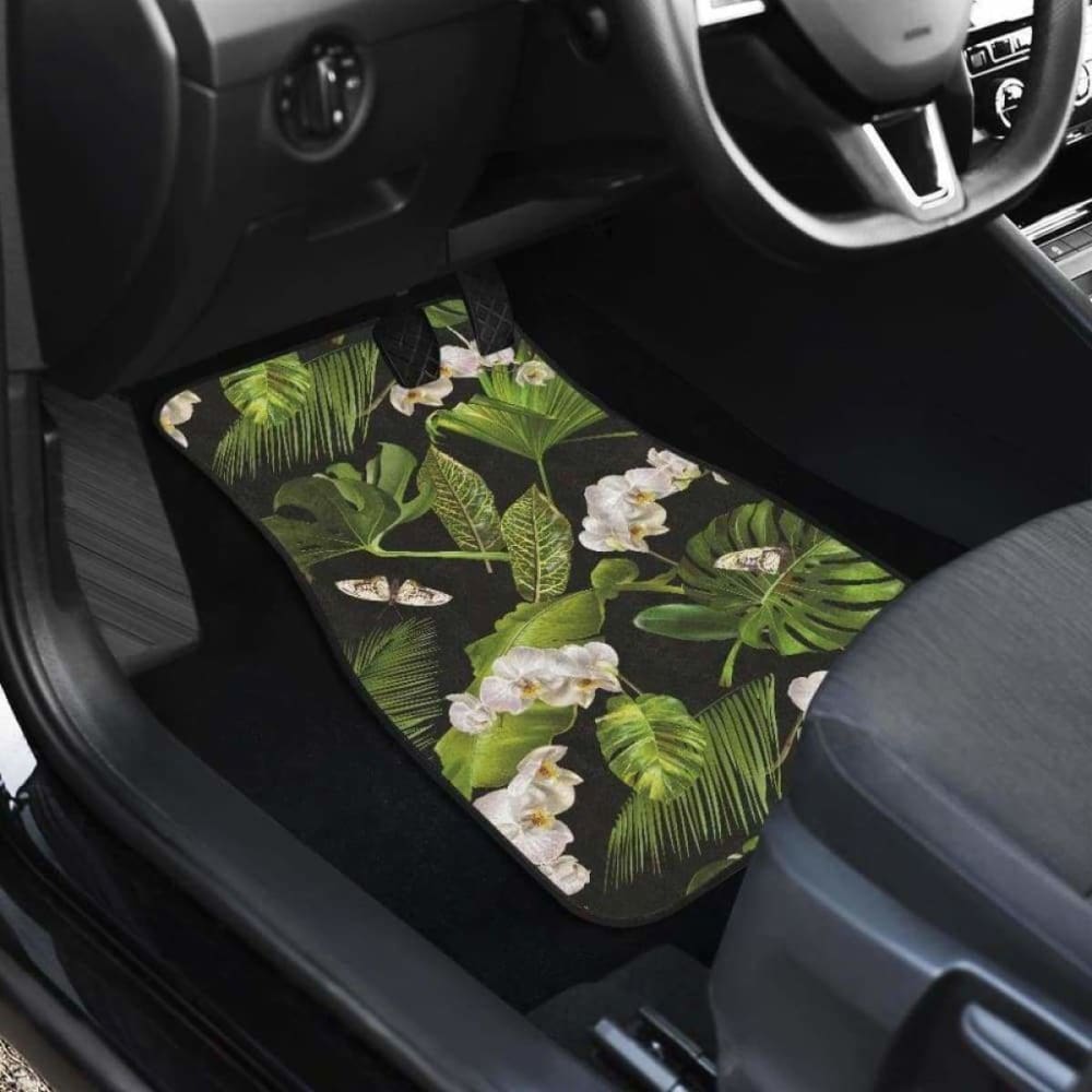 White Orchid Flower Tropical Leaves Pattern Blackground Front And Back Car Mats 174914 - YourCarButBetter
