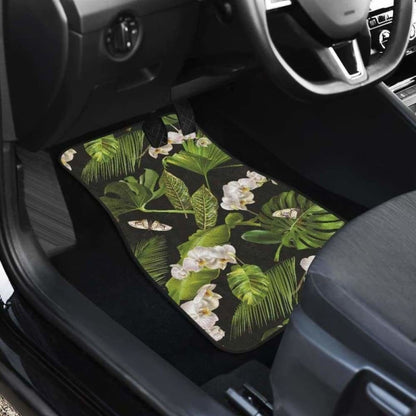 White Orchid Flower Tropical Leaves Pattern Blackground Front And Back Car Mats 174914 - YourCarButBetter