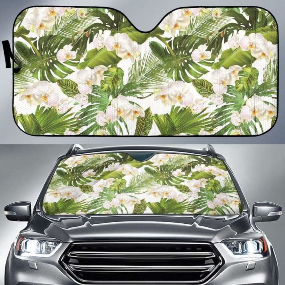 White Orchid Flower Tropical Leaves Pattern Car Auto Sun Shades 182102 - YourCarButBetter