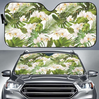 White Orchid Flower Tropical Leaves Pattern Car Auto Sun Shades 182102 - YourCarButBetter