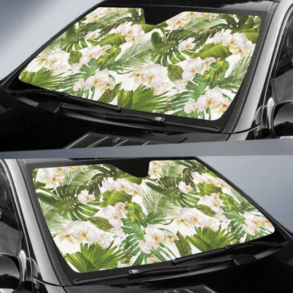 White Orchid Flower Tropical Leaves Pattern Car Auto Sun Shades 182102 - YourCarButBetter