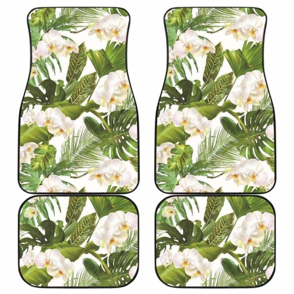 White Orchid Flower Tropical Leaves Pattern Front And Back Car Mats 174914 - YourCarButBetter