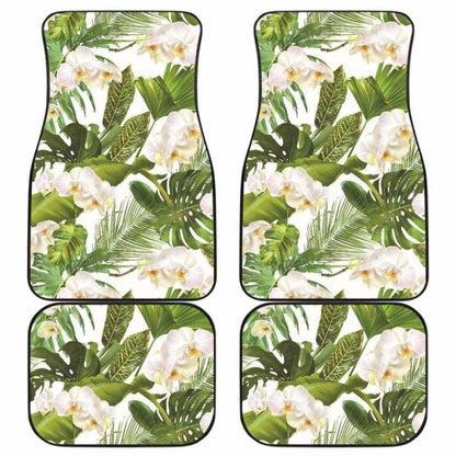 White Orchid Flower Tropical Leaves Pattern Front And Back Car Mats 174914 - YourCarButBetter